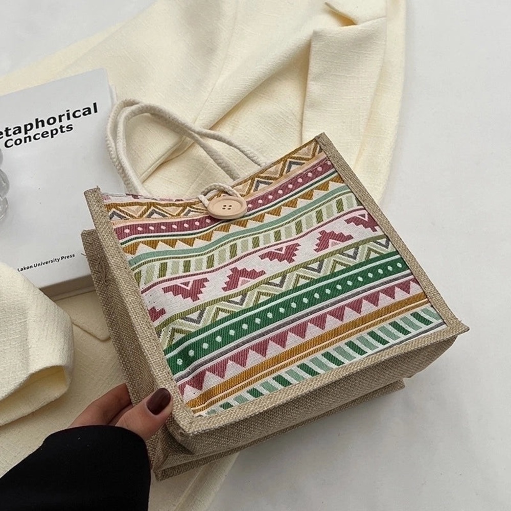 Patterned Tote Bag with Button Closure - Picture 2 of 6